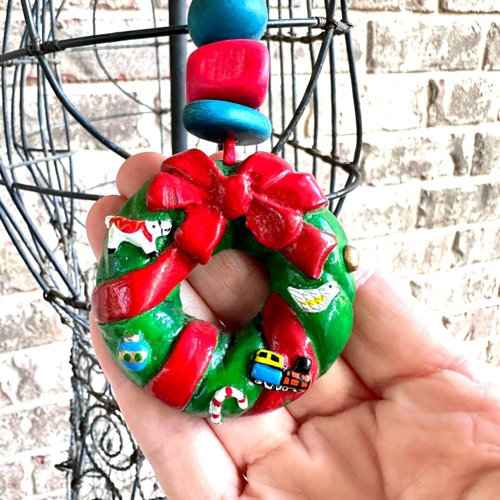 Vintage 90's Folkart Ornament Hand Painted Christmas Wreath Cow Train Bi…